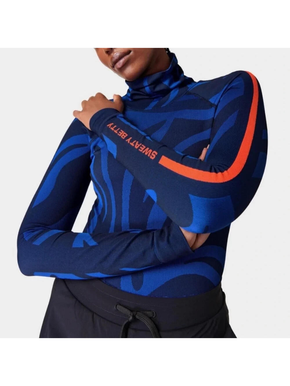 Sweaty Betty Size 6 Blue Zebra Print Seamless Base Layer Funnel Neck Top SB0308